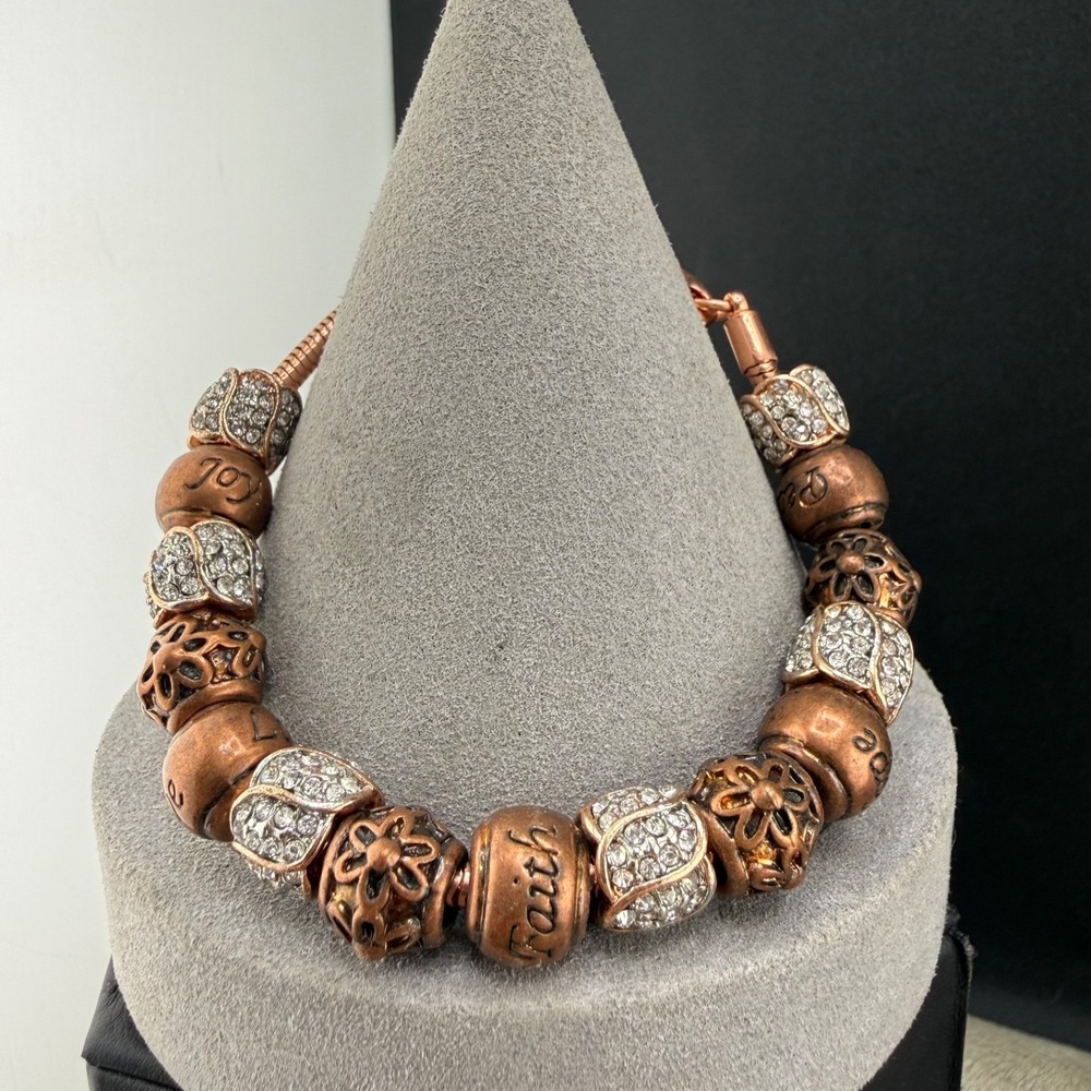 Danbury Mint Inspirational Slide Charm Bracelet Copper Tone Faith Hope Love 8"